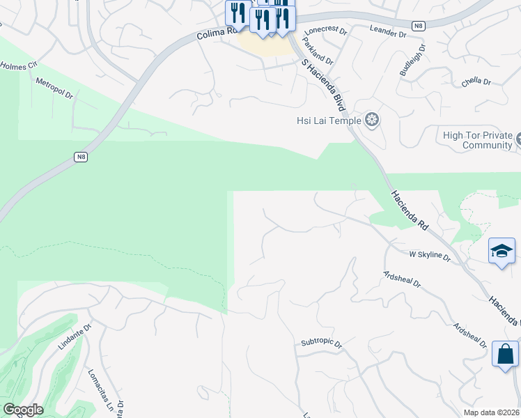 map of restaurants, bars, coffee shops, grocery stores, and more near Casalero Drive in La Habra Heights