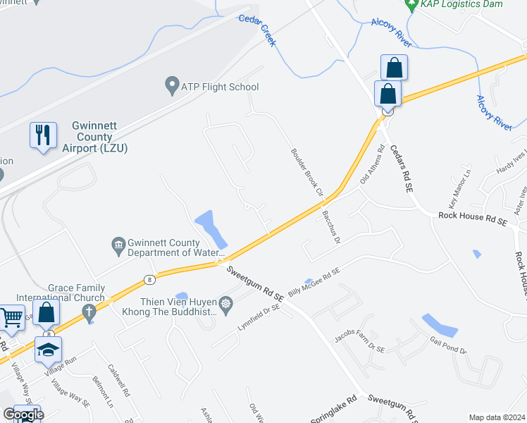 map of restaurants, bars, coffee shops, grocery stores, and more near 963 Galloway Ridge Court Northeast in Lawrenceville