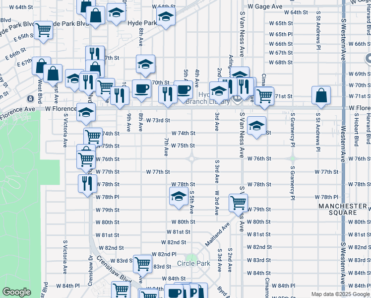 map of restaurants, bars, coffee shops, grocery stores, and more near 2610 West 75th Street in Los Angeles