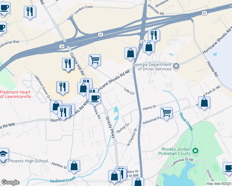 map of restaurants, bars, coffee shops, grocery stores, and more near 566 Sharon Drive in Lawrenceville