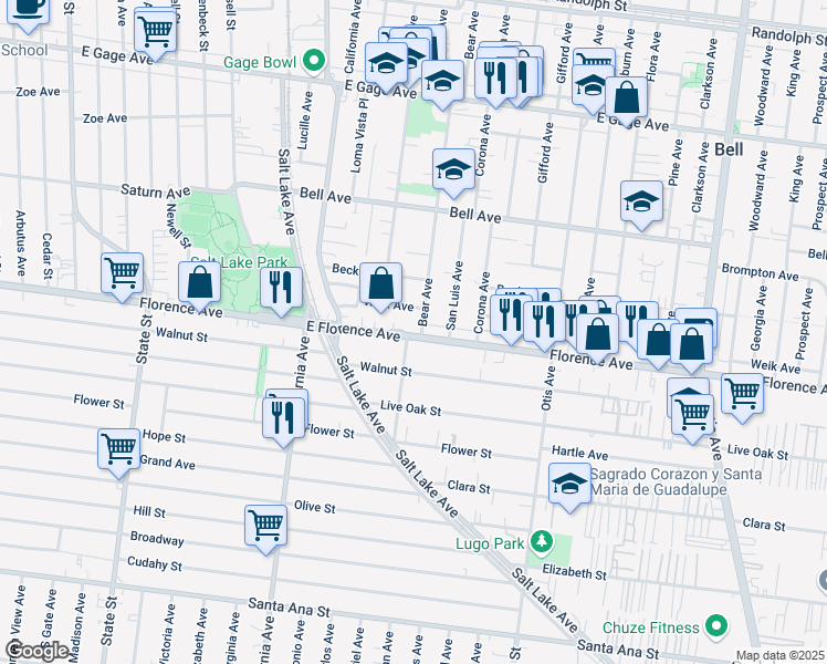 map of restaurants, bars, coffee shops, grocery stores, and more near 7114 Bear Avenue in Bell