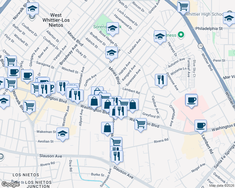 map of restaurants, bars, coffee shops, grocery stores, and more near in Whittier