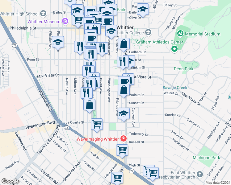 map of restaurants, bars, coffee shops, grocery stores, and more near 13216 Walnut Street in Whittier