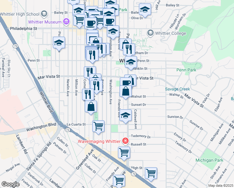 map of restaurants, bars, coffee shops, grocery stores, and more near 13216 Walnut Street in Whittier