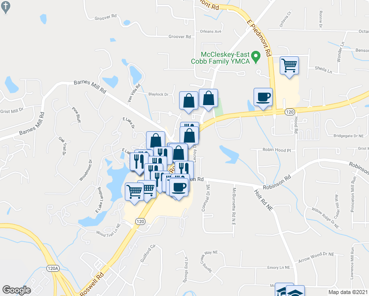 map of restaurants, bars, coffee shops, grocery stores, and more near Roswell Rd & Barnes Mill Rd in Marietta