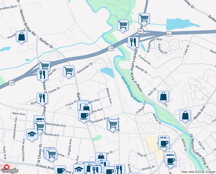 map of restaurants, bars, coffee shops, grocery stores, and more near 330 Macon Avenue in Athens