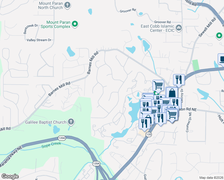 map of restaurants, bars, coffee shops, grocery stores, and more near 1951 Woodmont Court Northeast in Marietta