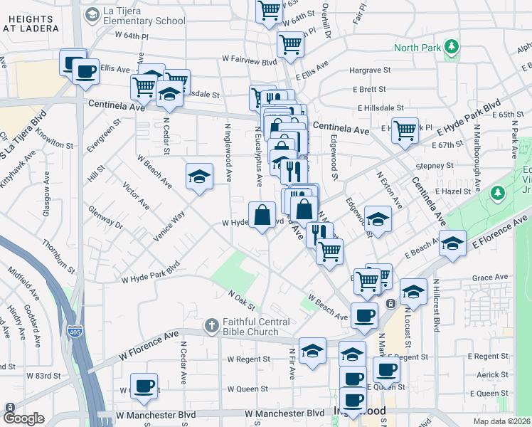 map of restaurants, bars, coffee shops, grocery stores, and more near 708 North Eucalyptus Avenue in Inglewood