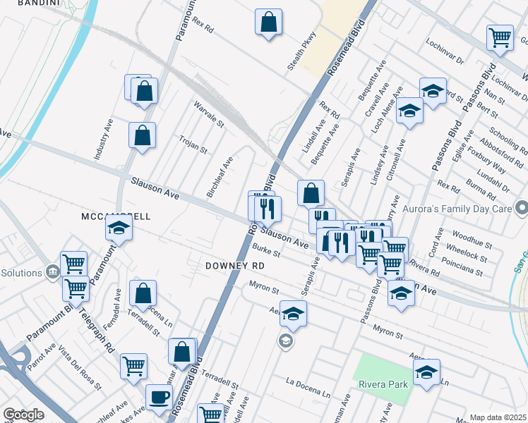 map of restaurants, bars, coffee shops, grocery stores, and more near 9011 Bermudez Street in Pico Rivera