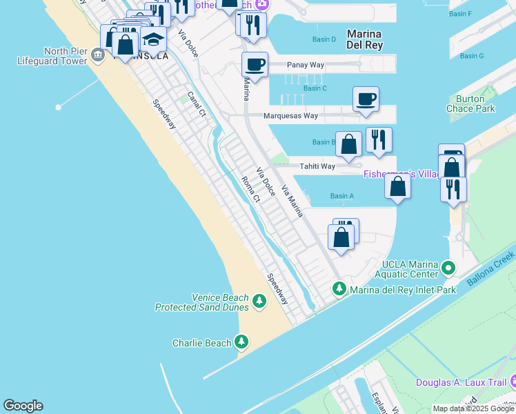 map of restaurants, bars, coffee shops, grocery stores, and more near 4611 Roma Court in Marina del Rey