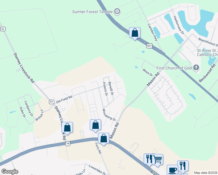 map of restaurants, bars, coffee shops, grocery stores, and more near 1797 Benelli Street in Sumter