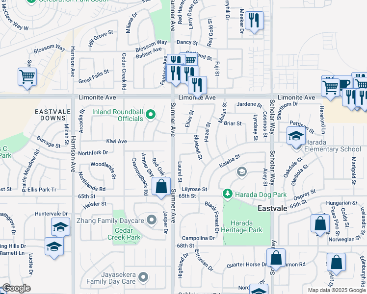 map of restaurants, bars, coffee shops, grocery stores, and more near 13346 Rowen Court in Corona