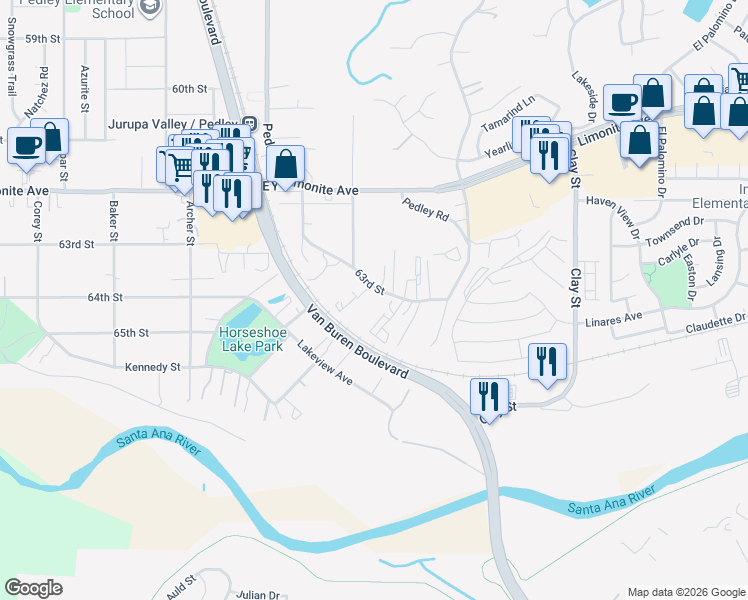 map of restaurants, bars, coffee shops, grocery stores, and more near 8416 63rd Street in Riverside