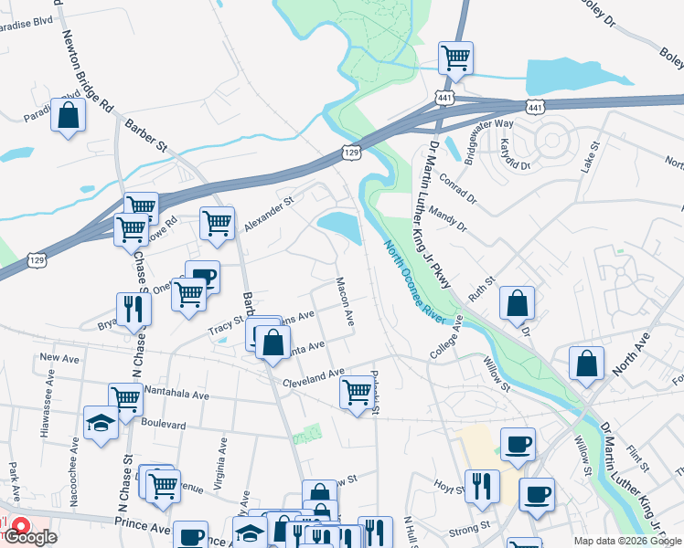 map of restaurants, bars, coffee shops, grocery stores, and more near 330 Macon Avenue in Athens