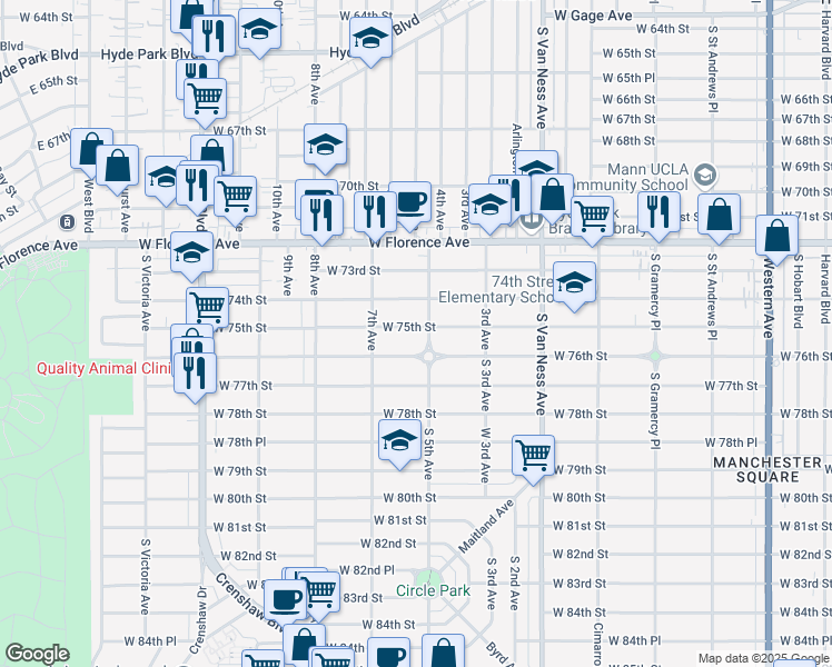 map of restaurants, bars, coffee shops, grocery stores, and more near 2610 West 75th Street in Los Angeles