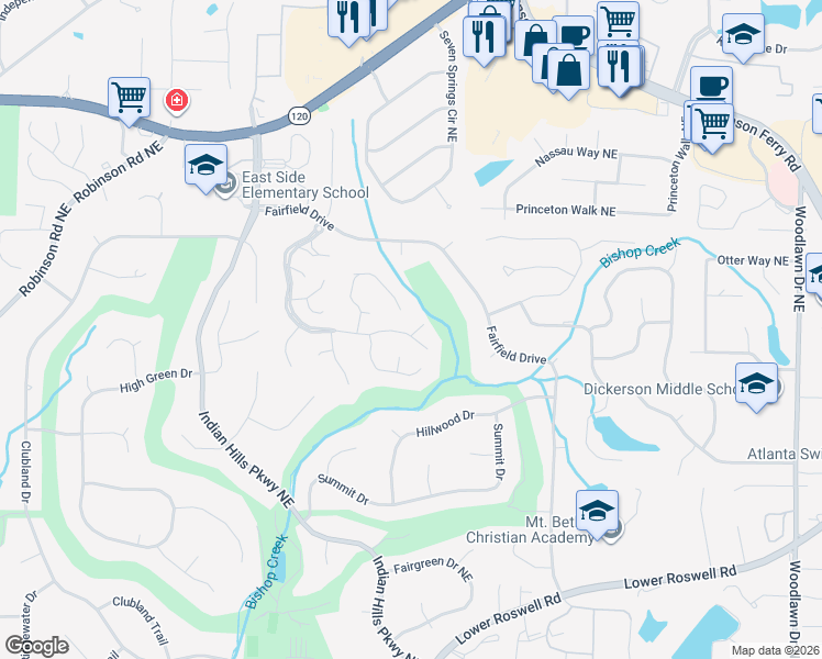 map of restaurants, bars, coffee shops, grocery stores, and more near 4083 Audubon Drive in Marietta