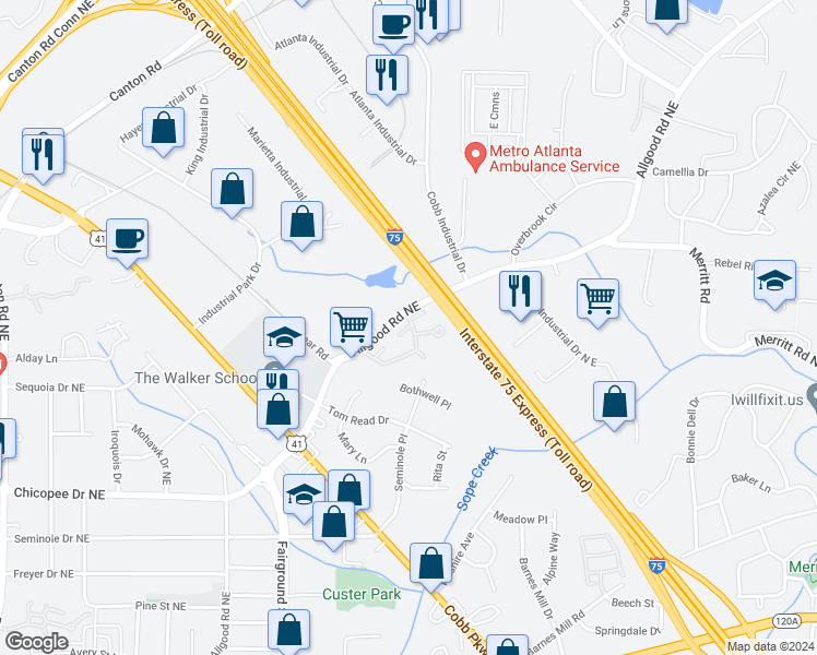 map of restaurants, bars, coffee shops, grocery stores, and more near 676 Horizon Place Northeast in Marietta