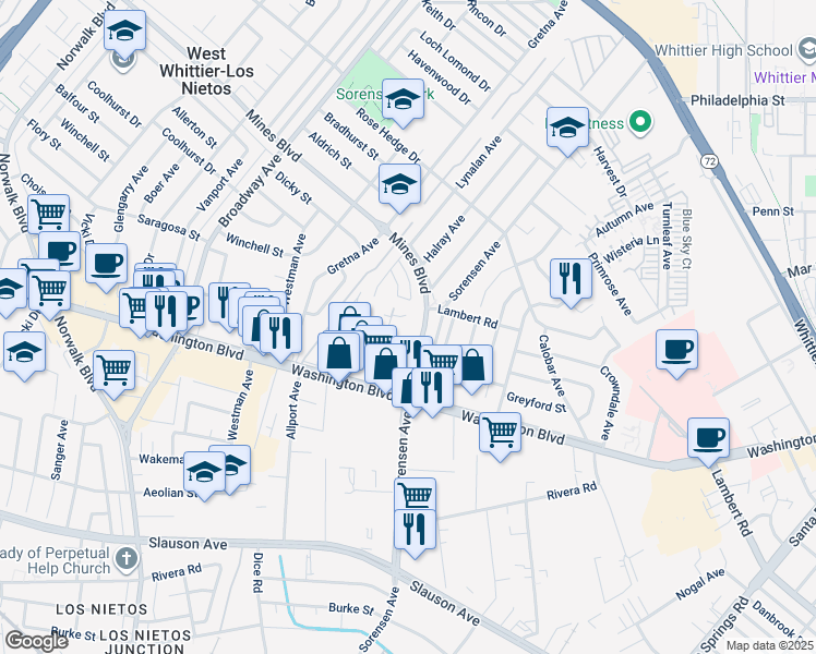 map of restaurants, bars, coffee shops, grocery stores, and more near in Whittier