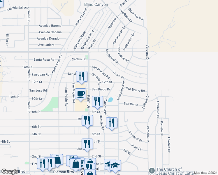map of restaurants, bars, coffee shops, grocery stores, and more near 66680 San Diego Drive in Desert Hot Springs