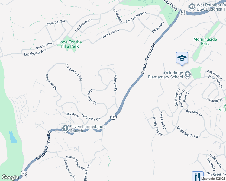 map of restaurants, bars, coffee shops, grocery stores, and more near 15494 Feldspar Drive in Chino Hills
