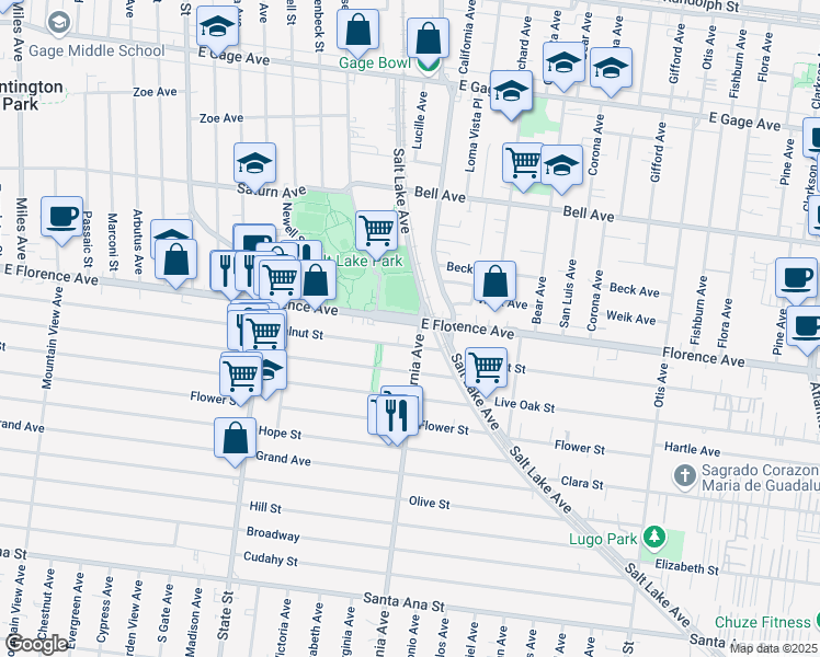 map of restaurants, bars, coffee shops, grocery stores, and more near 3454 East Florence Avenue in Huntington Park