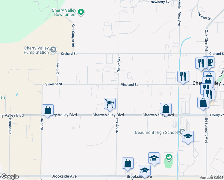 map of restaurants, bars, coffee shops, grocery stores, and more near 10265 Nancy Avenue in Cherry Valley