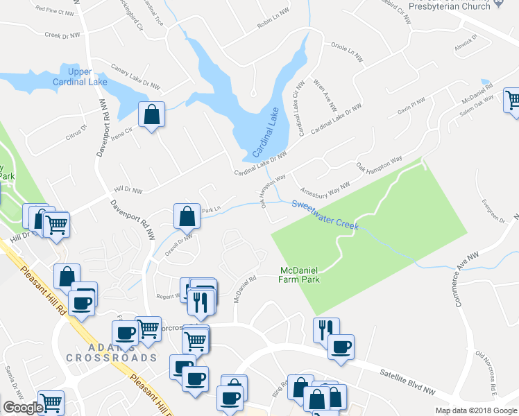 map of restaurants, bars, coffee shops, grocery stores, and more near 3425 Oak Hampton Way in Duluth