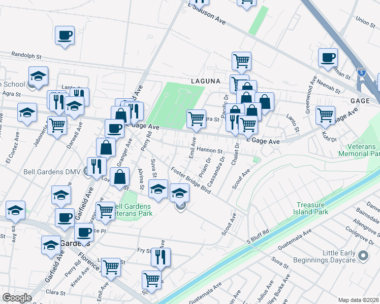 map of restaurants, bars, coffee shops, grocery stores, and more near 6505 Emil Avenue in Bell Gardens