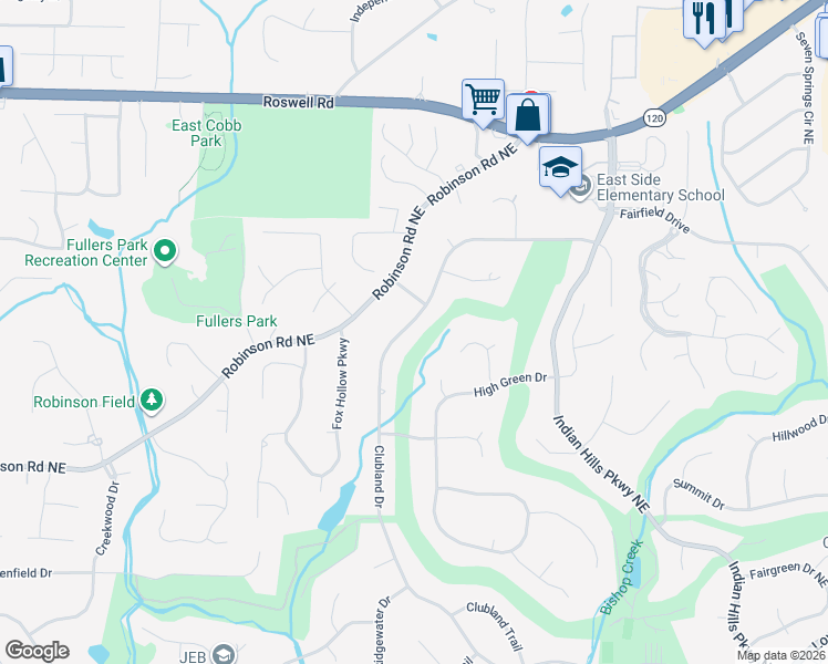 map of restaurants, bars, coffee shops, grocery stores, and more near 3495 Clubland Drive in Marietta