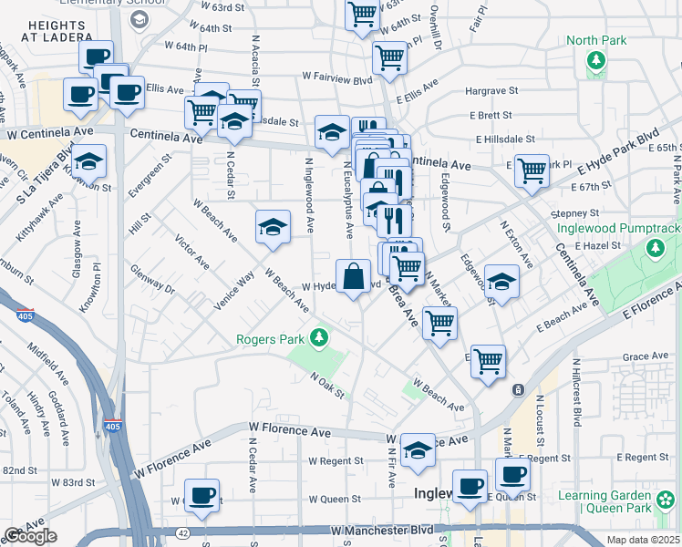 map of restaurants, bars, coffee shops, grocery stores, and more near 719 North Eucalyptus Avenue in Inglewood