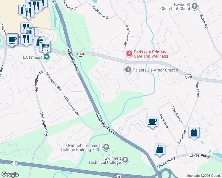map of restaurants, bars, coffee shops, grocery stores, and more near 2130 Racquet Club Circle Northwest in Lawrenceville