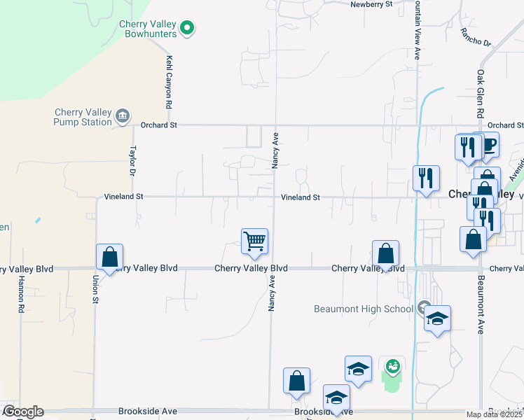 map of restaurants, bars, coffee shops, grocery stores, and more near 10265 Nancy Avenue in Cherry Valley