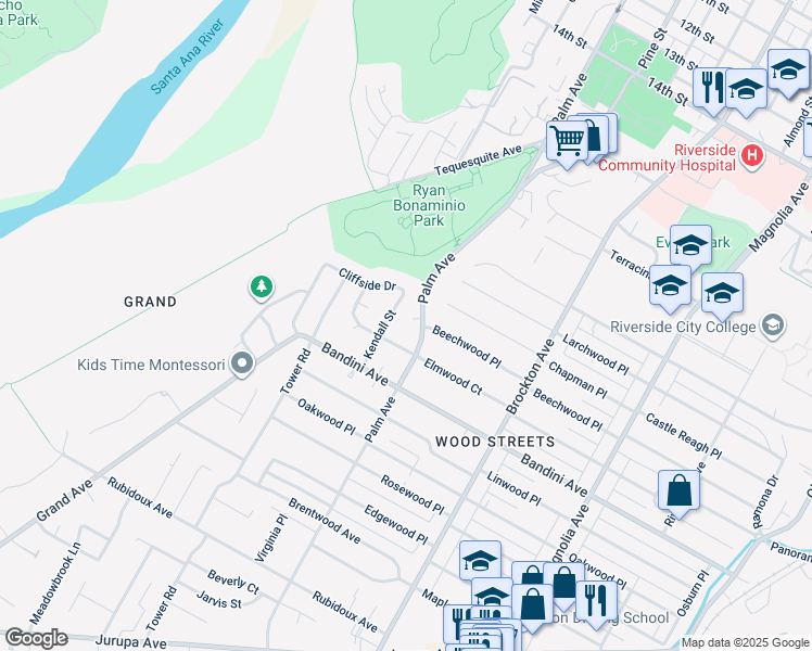 map of restaurants, bars, coffee shops, grocery stores, and more near in Riverside