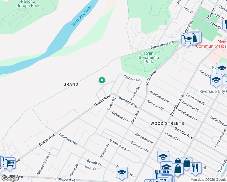 map of restaurants, bars, coffee shops, grocery stores, and more near 5325 Tower Road in Riverside