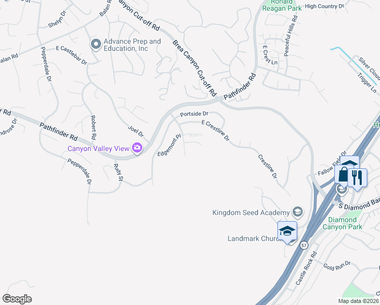 map of restaurants, bars, coffee shops, grocery stores, and more near 2768 South Hillrise Drive in Walnut