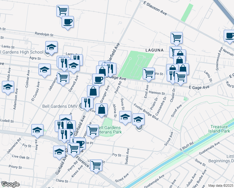 map of restaurants, bars, coffee shops, grocery stores, and more near in Bell Gardens