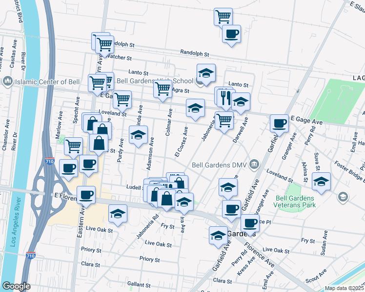 map of restaurants, bars, coffee shops, grocery stores, and more near 6607 El Cortez Avenue in Bell Gardens