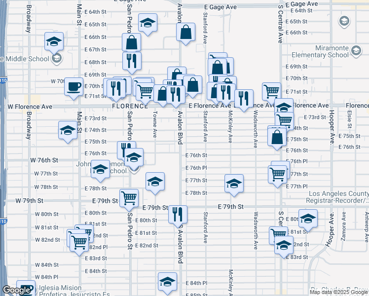 map of restaurants, bars, coffee shops, grocery stores, and more near 7510 Avalon Boulevard in Los Angeles
