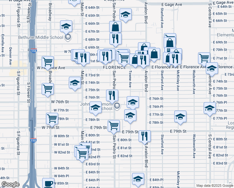 map of restaurants, bars, coffee shops, grocery stores, and more near 7502 San Pedro Street in Los Angeles