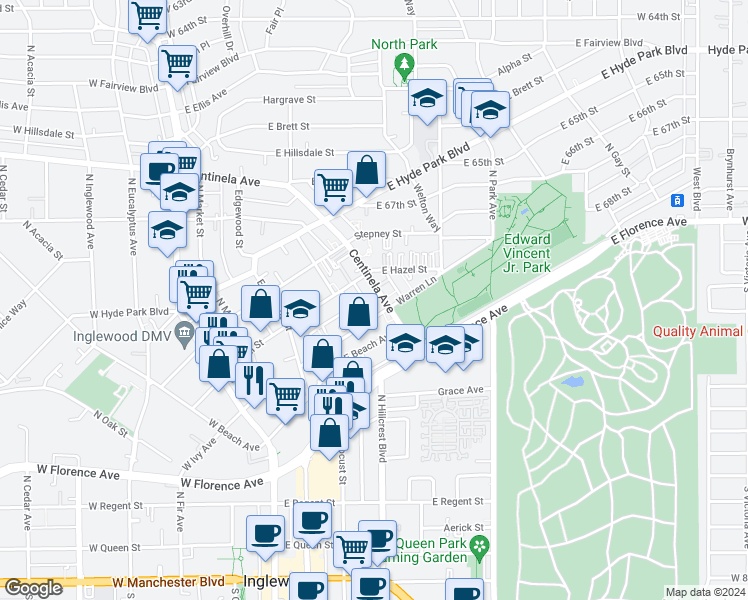 map of restaurants, bars, coffee shops, grocery stores, and more near 410 Centinela Avenue in Inglewood