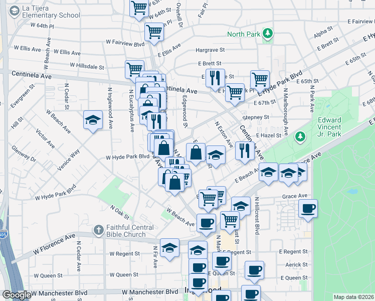 map of restaurants, bars, coffee shops, grocery stores, and more near 226 East Hyde Park Boulevard in Inglewood