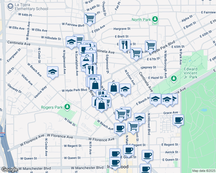 map of restaurants, bars, coffee shops, grocery stores, and more near 226 East Hyde Park Boulevard in Inglewood