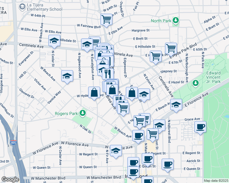 map of restaurants, bars, coffee shops, grocery stores, and more near 200 East Hyde Park Boulevard in Inglewood
