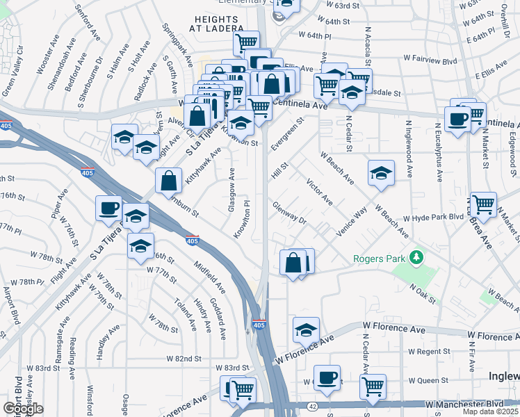 map of restaurants, bars, coffee shops, grocery stores, and more near 7106 Knowlton Place in Los Angeles
