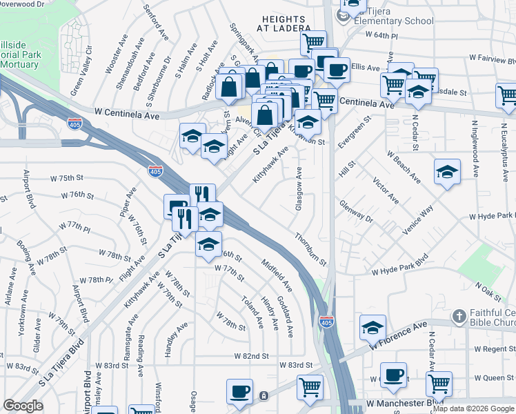 map of restaurants, bars, coffee shops, grocery stores, and more near 5419 1/2 Thornburn Street in Los Angeles