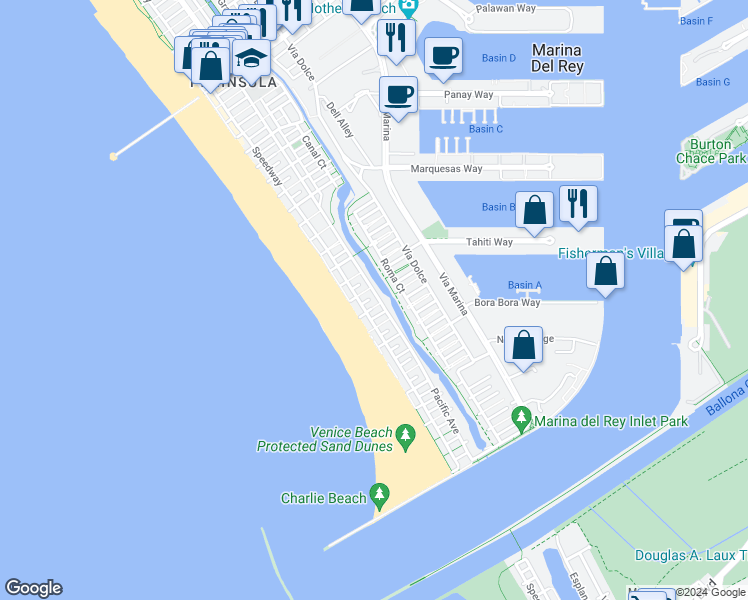 map of restaurants, bars, coffee shops, grocery stores, and more near 41 Outrigger Street in Marina del Rey