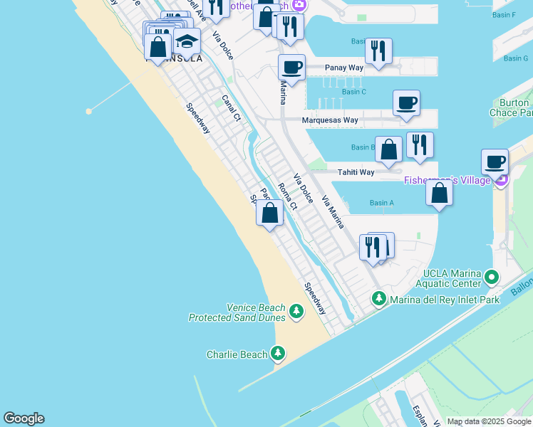 map of restaurants, bars, coffee shops, grocery stores, and more near 41 Outrigger Street in Marina del Rey