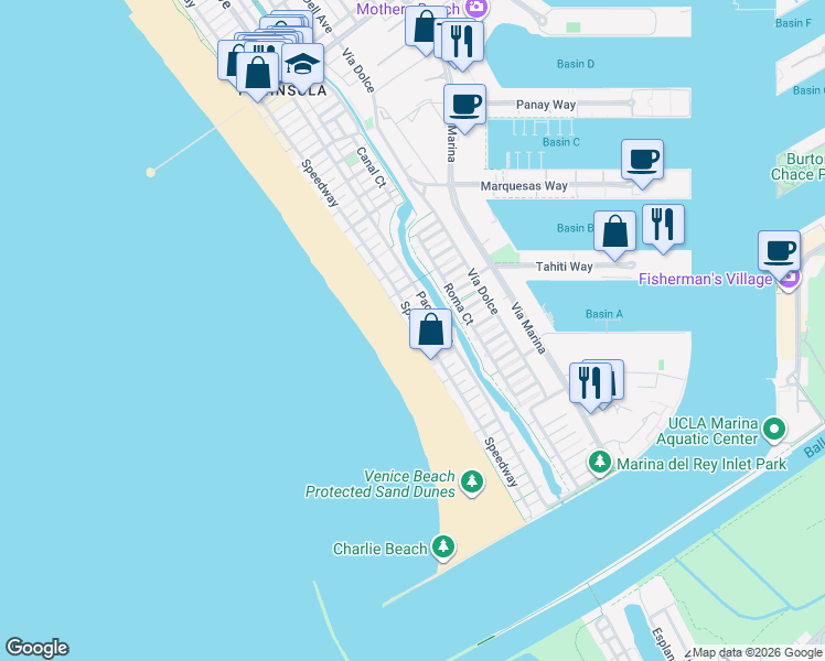 map of restaurants, bars, coffee shops, grocery stores, and more near 4403 Ocean Front Walk in Marina del Rey