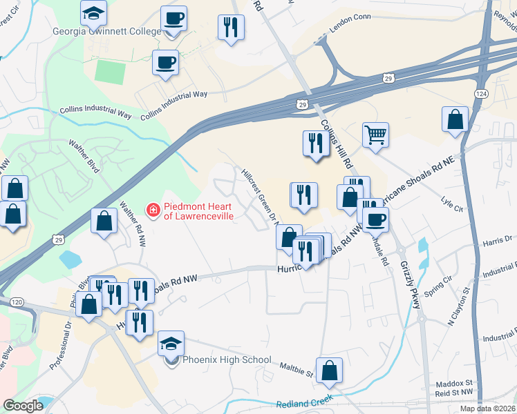 map of restaurants, bars, coffee shops, grocery stores, and more near 1107 Windy Hill Pointe Northwest in Lawrenceville