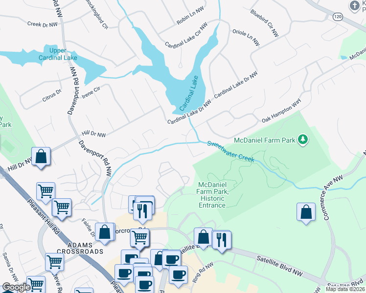 map of restaurants, bars, coffee shops, grocery stores, and more near 3425 Oak Hampton Way in Duluth